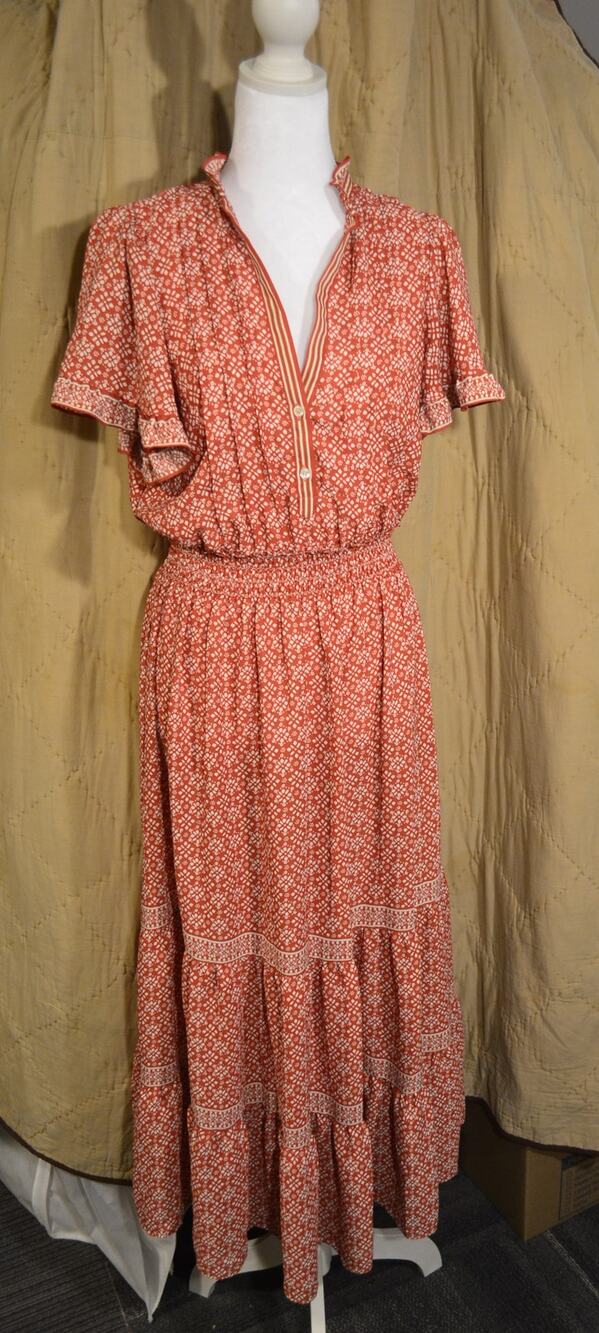 Max Studio London L Rust Cream Print Tiered Maxi Dress Ruffle Sleeve Boho
